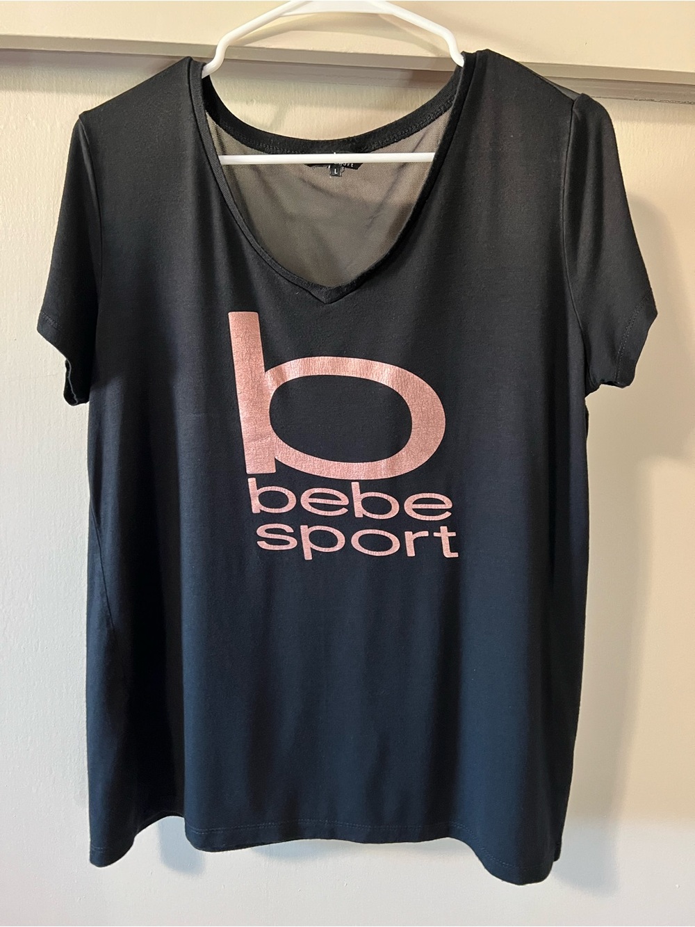 Bebe Sport Black V-Neck Graphic Top Mesh Back Y2K Size L